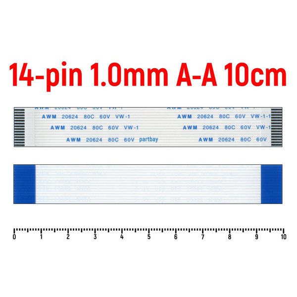 Шлейф FFC 14-pin Шаг 1.0mm Длина 10cm Прямой A-A AWM 20624 80C 60V VW-1 ...