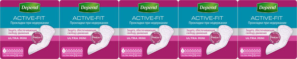 Урологические прокладки Depend Ultra Mini, комплект: 5 упаковок по 12 ...
