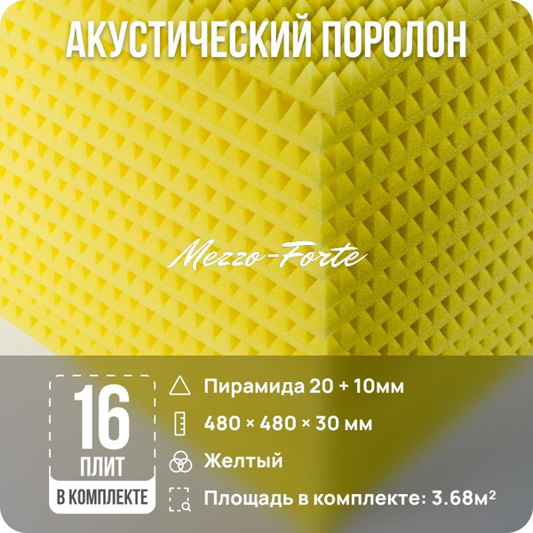 Акустический поролон Пирамида 30мм / 16 шт. по 480х480х30мм / Желтый ...