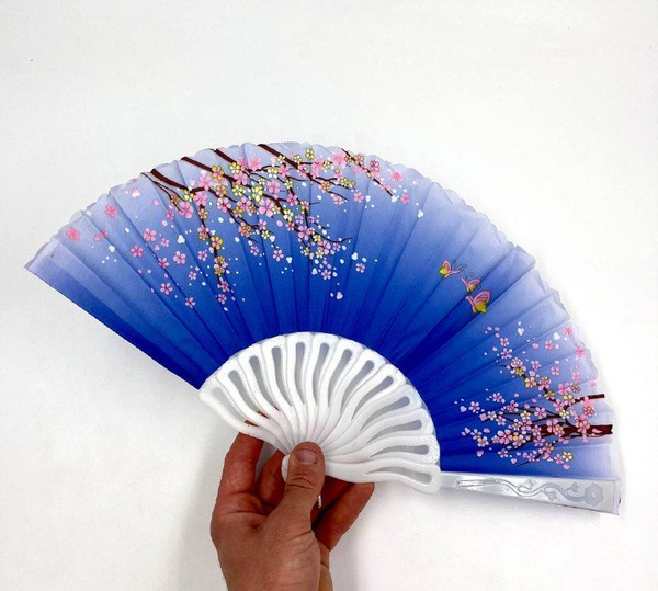 Складной веер с пластиковым основанием и рисунком "Синий Сакура ...
