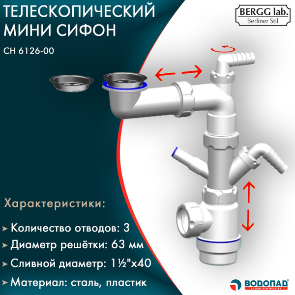 Телескопический сифон для раковины на кухне