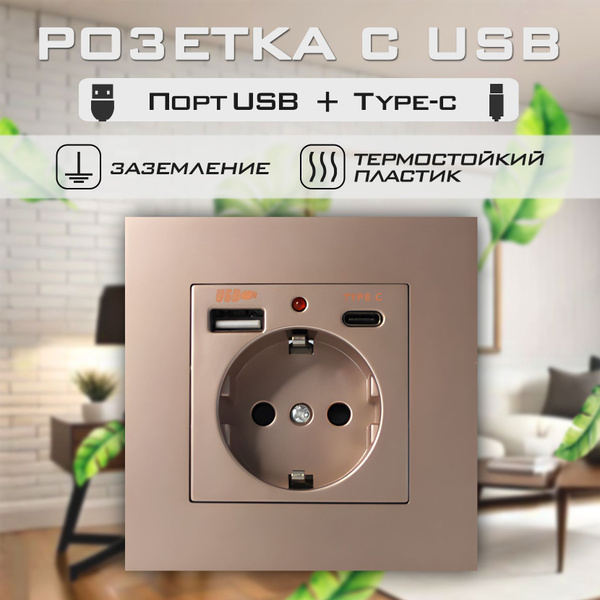 Розетка с USB портами Type-C и Type-A 220В с заземлением - купить по ...