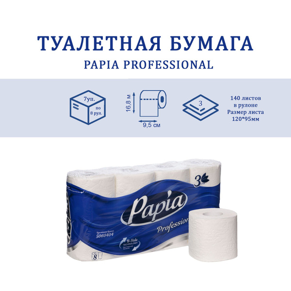 Туалетная бумага PAPIA 3 слоя белая 8 рулонов - купить с доставкой по ...