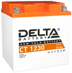 Герметизированный необслуживаемый VRLA cвинцово-кислотный стартовый аккумулятор Delta CT 1230 напряжением 12В и емкостью 30Ач. Обладает стартовым  ...