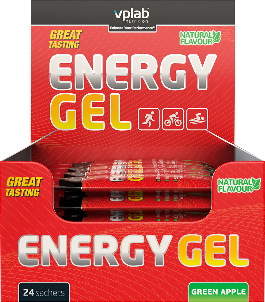 фото Батончик протеиновый Vplab Nutrition Energy Gel + Caffeine Show Box, зеленое яблоко, 24 шт х 41 г