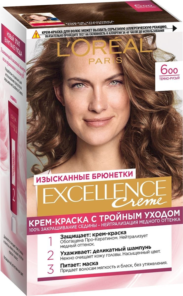 фото Стойкая крем-краска для волос L'Oreal Paris Excellence, оттенок 6.00, Темно-русый