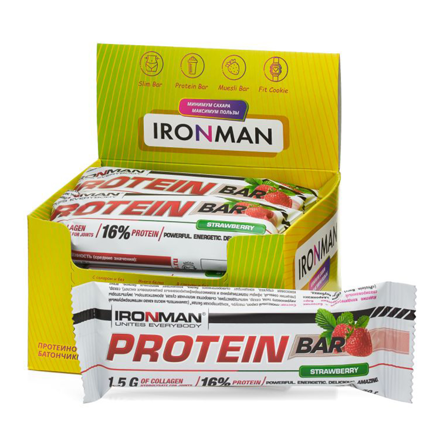 Батончик Ironman Protein Bar с коллагеном, клубника-белая глазурь, 12 ...