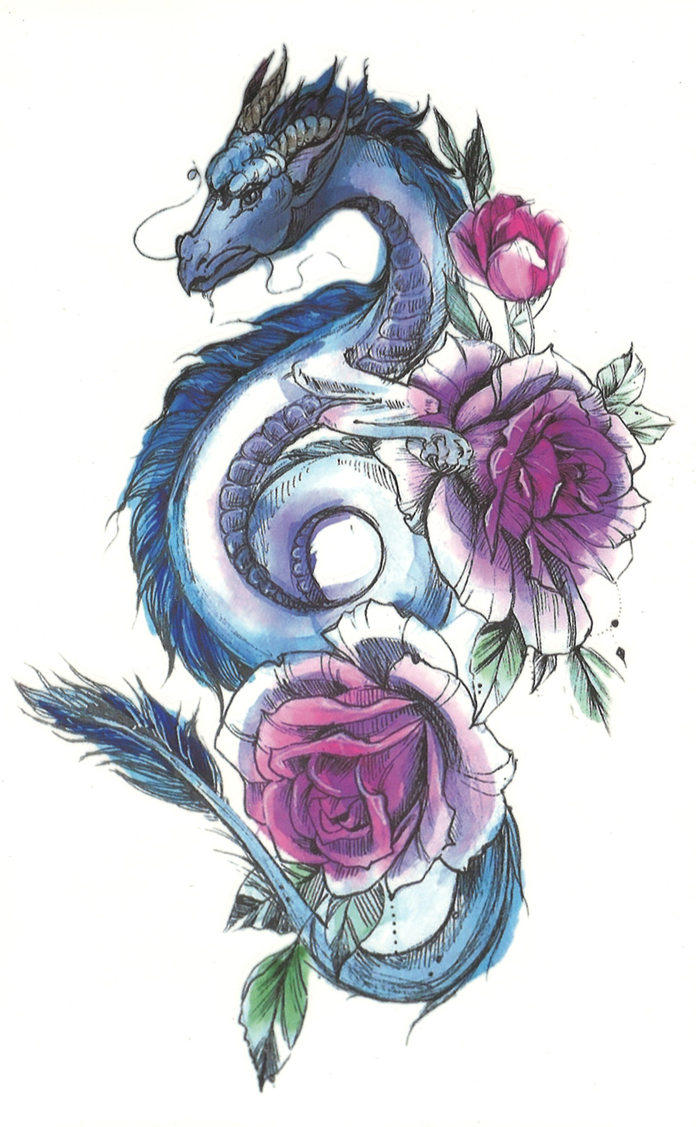 Большие цветные тату дракон и цветы