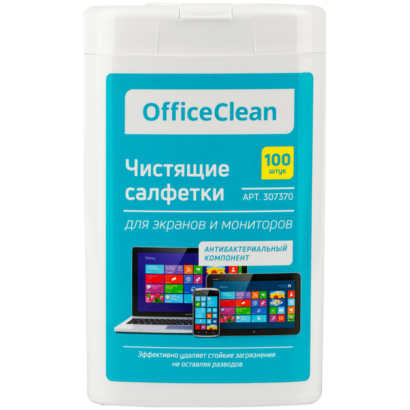 Салфетки влажные чистящие 100 штук для экранов мониторов всех типов электроники, оптики, оргтехники OfficeClean / салфетки плотные 9*11,5 см / в тубе