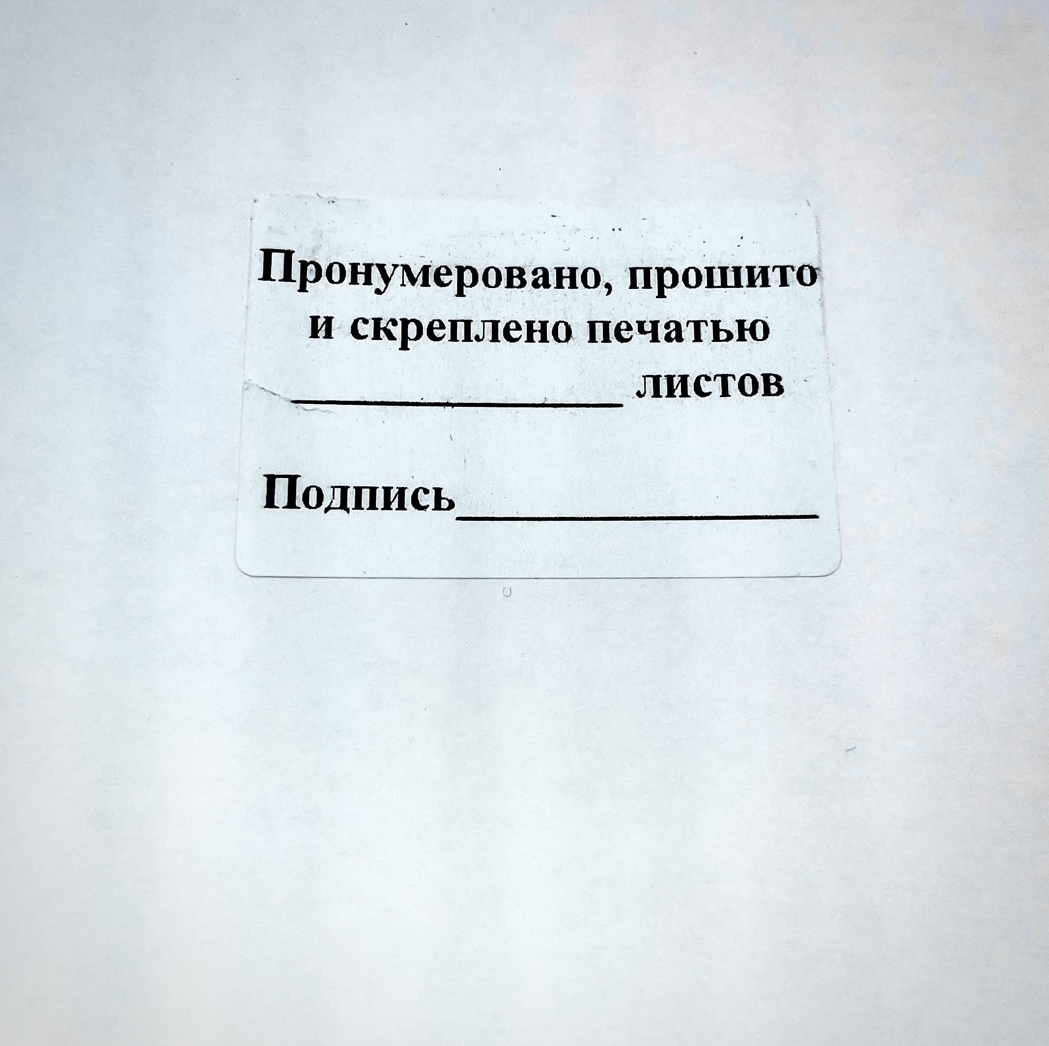 Наклейка пронумеровано и прошнуровано листов образец