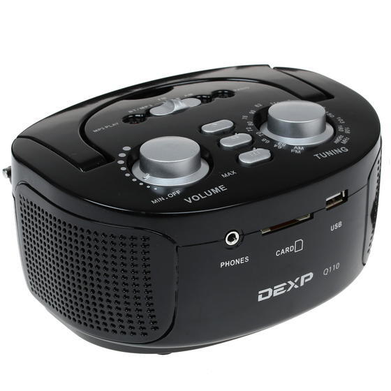 МагнитоластереокомпактнаяDEXPQ110черный,6Вт,FM/AM,MP3/USB/SD/Bluetooth,ручка,отсети/аккумулятора/батарей