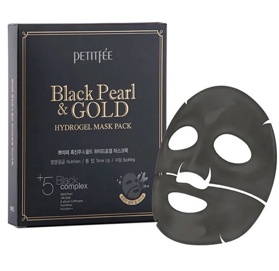 Petitfee Гидрогелевая маска для лица с черным жемчугом и золотом Black ...