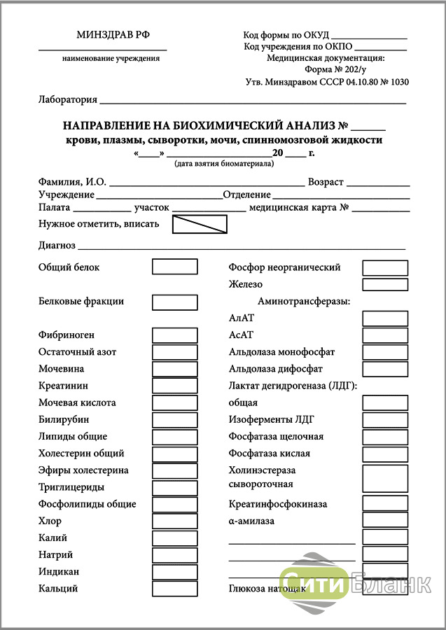 Образец направление на биохимический анализ крови образец