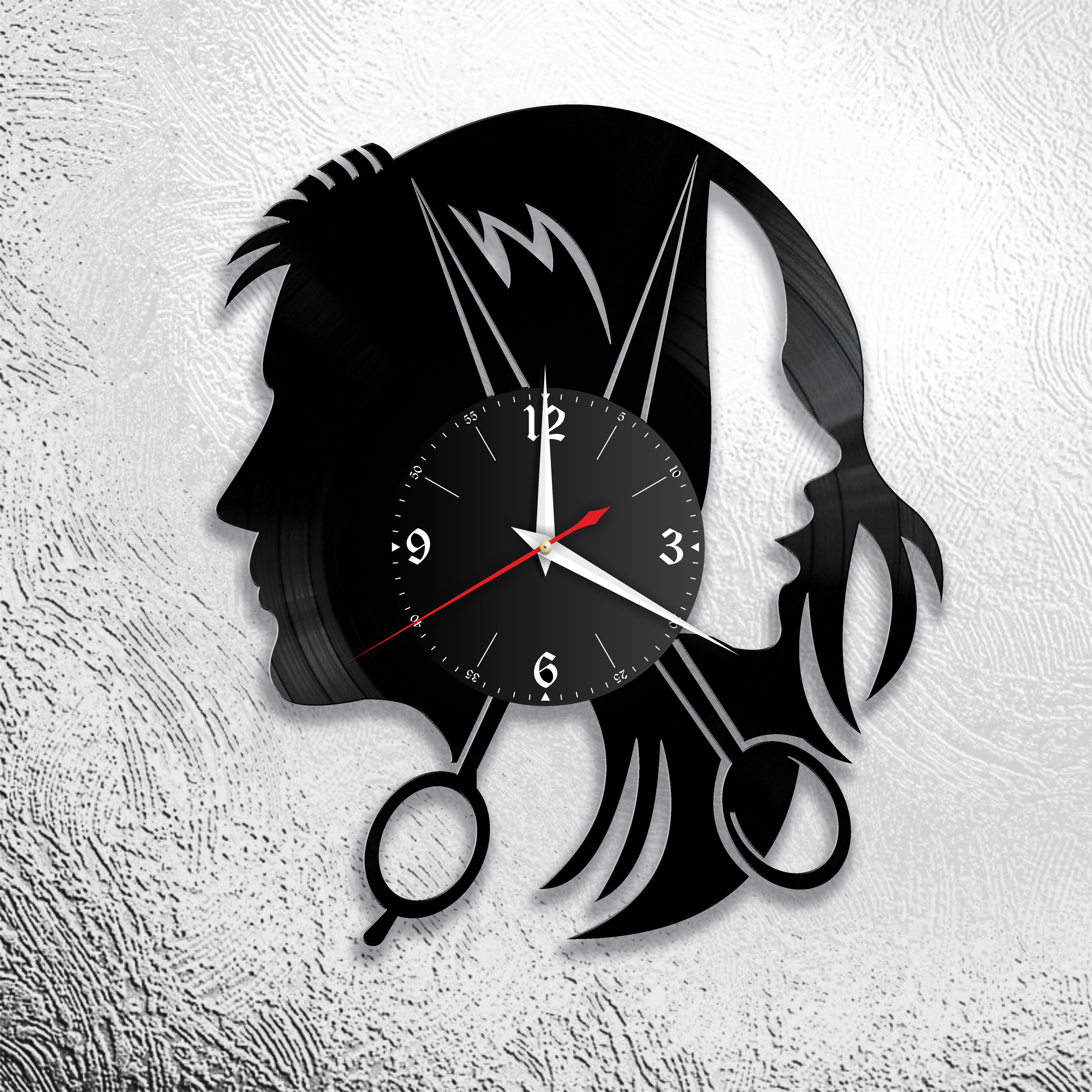 Портрет часов. Настенные часы ROCKCLOCK. Часы из виниловых пластинок. Настенные часы парикмахера. Часы для парикмахера.