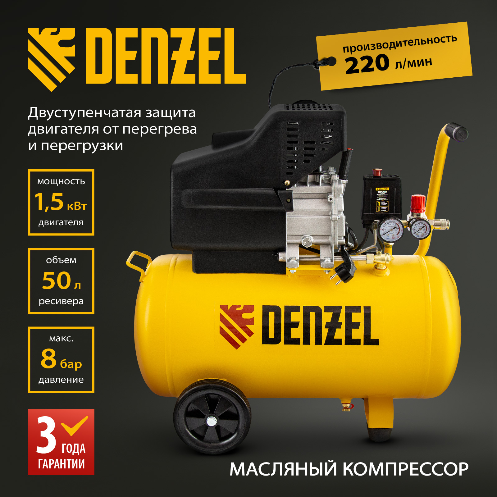 Компрессор воздушный DENZEL DC1500/50, 1.5 кВт мощность и 220 л/мин производительность, ресивер 50 л, предохранительный клапан и манометры, масляный 58161