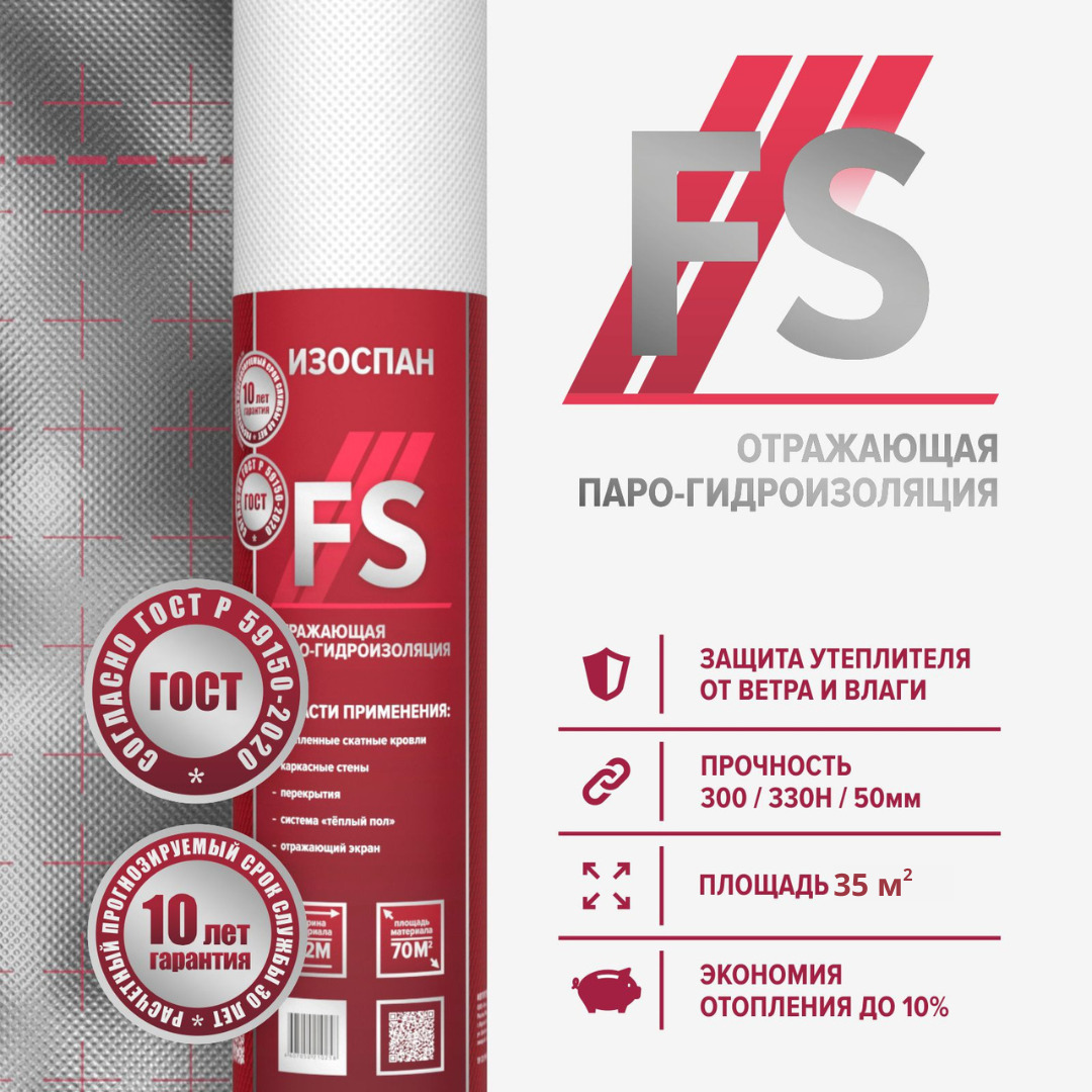 Пароизоляция Изоспан FS 35 м.кв. энергосберегающая отражающая пленка пароизоляционная