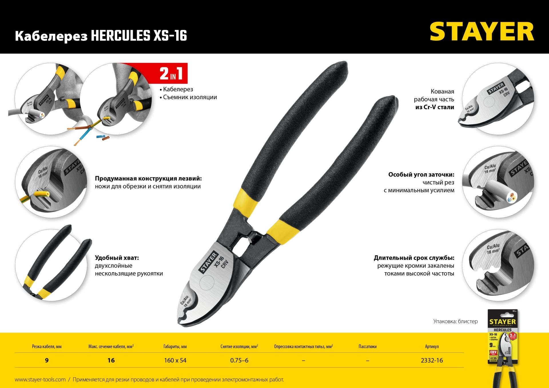 STAYER Hercules XS-16 d 9мм 160мм, Кабелерез (2332-16_z02)