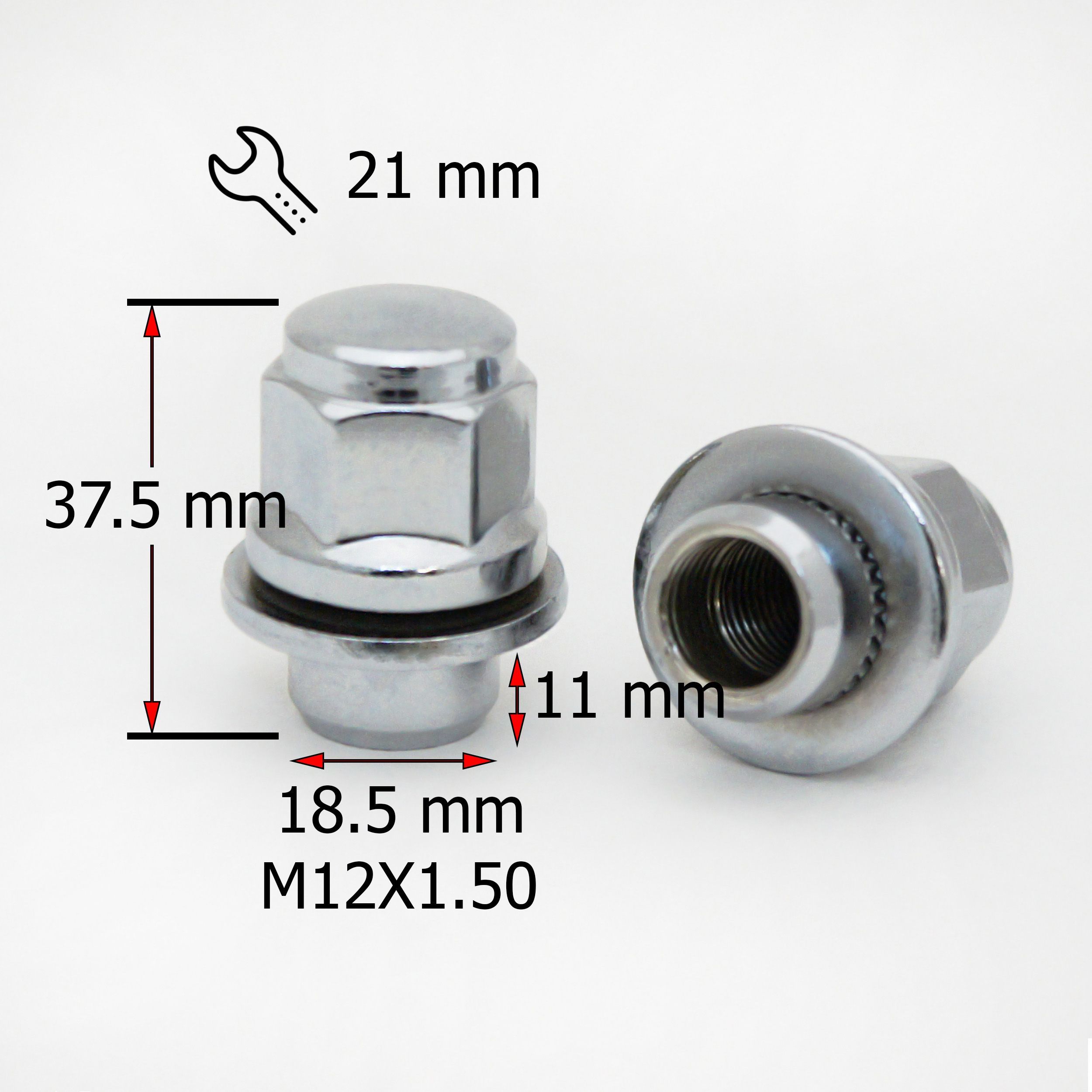 Гайка колесная M12х1,5 высота 37,5мм Прессшайба - 20 штук, Цельная, диаметр носика 18,5мм, закрытая, ключ 21мм