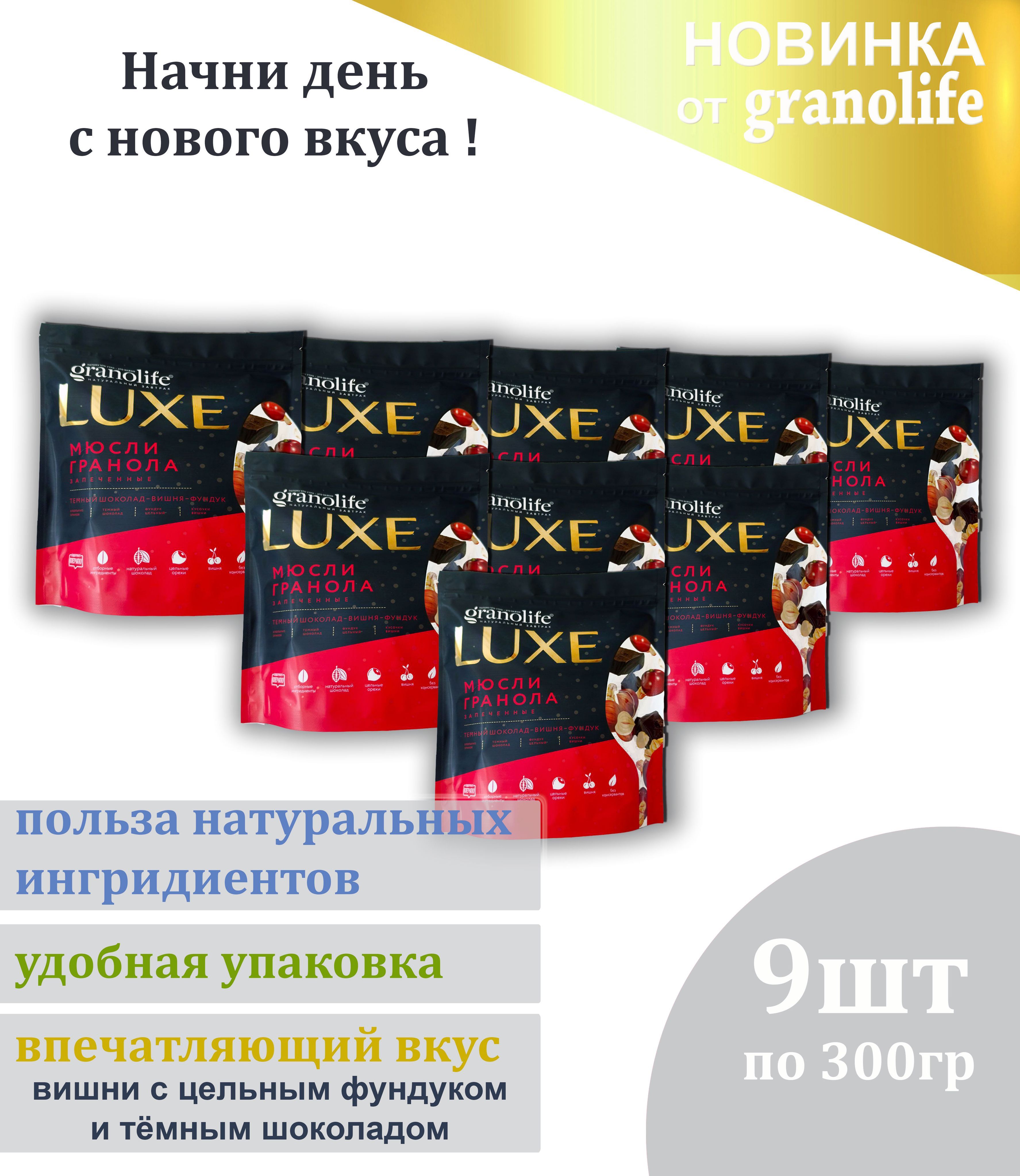 Гранола granolife Темный шоколад-Вишня-Фундук 9шт х300г / LUXE / мюсли запеченные