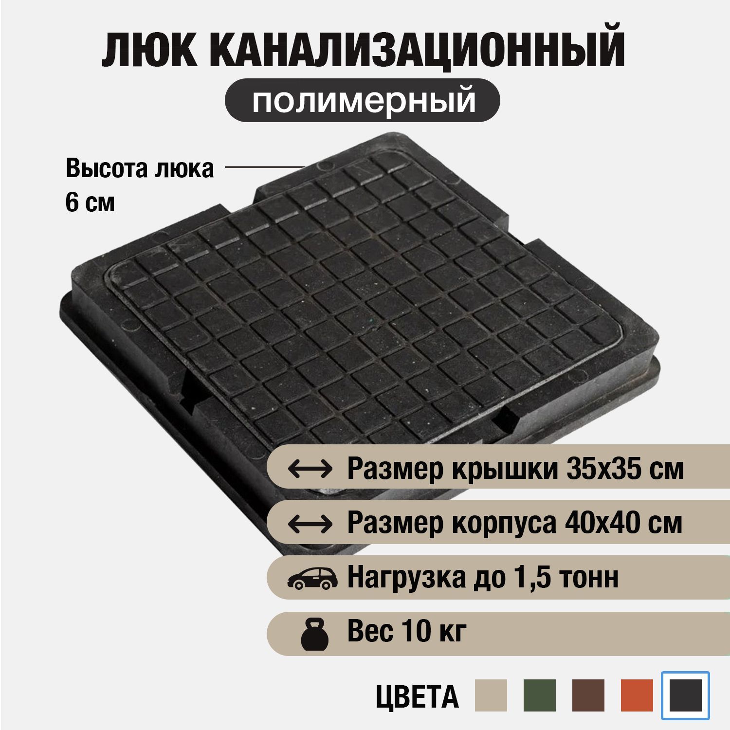 Люк канализационный садовый 400х400, квадратный, полимерно-песчаный, полимерпесчаный, черный