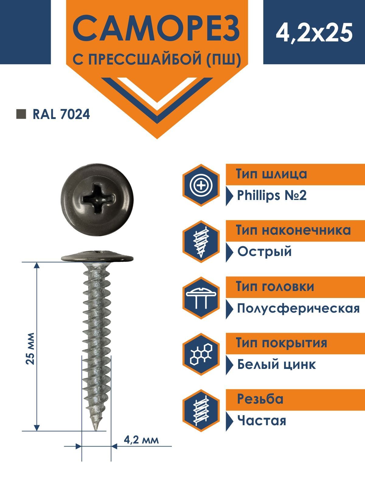 Саморез Rizzel ПШ 4,2х25 с прессшайбой острый RAL 7024 (500 шт)