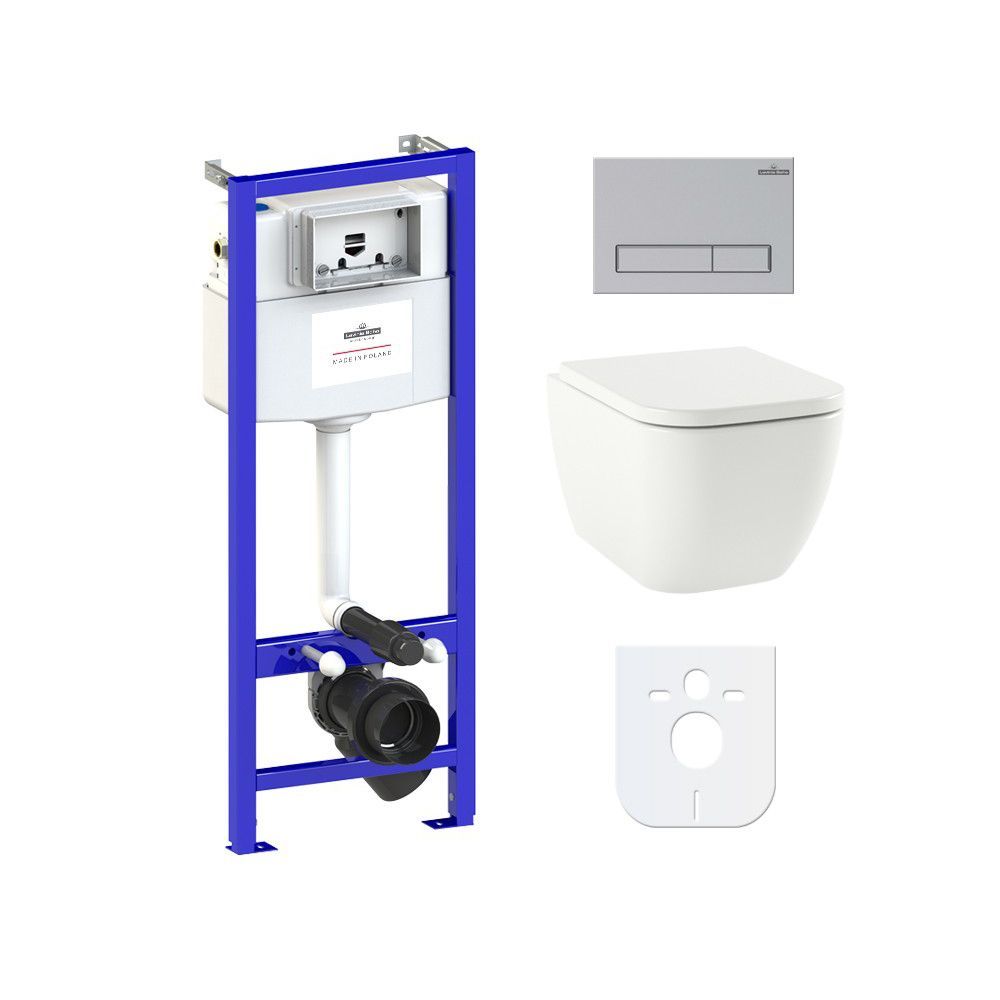 Инсталляция с подвесным унитазом комплект 6 в 1 Lavinia Boho One Rimless 77040075: подвесной безободковый унитаз, сиденье микролифт, инсталляция, крепление, кнопка, шумоизоляция. Германия