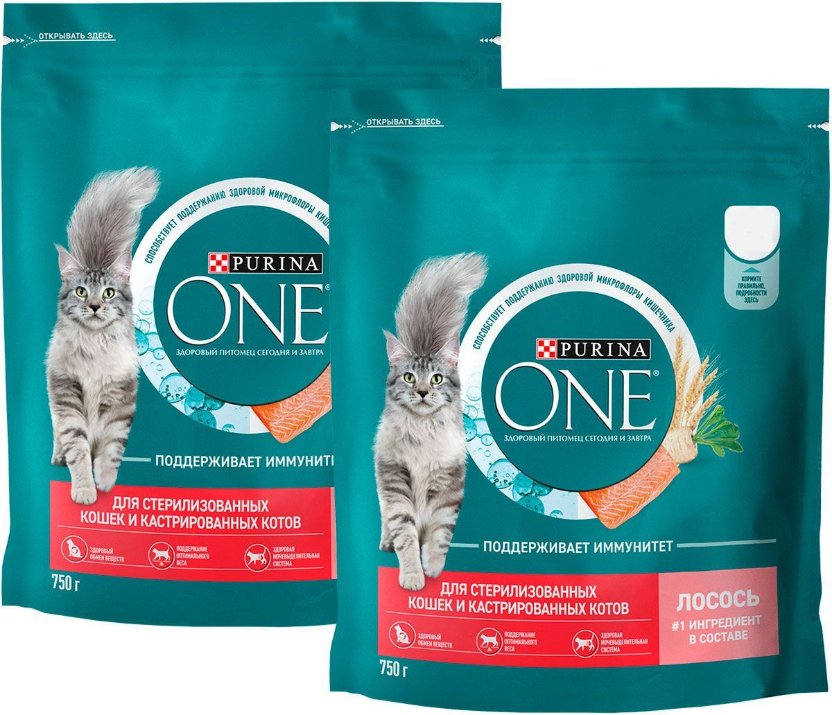 Сухой корм PURINA ONE для взрослых кастрированных котов и стерилизованных  кошек с лососем и пшеницей (0,75 + 0,75 кг)