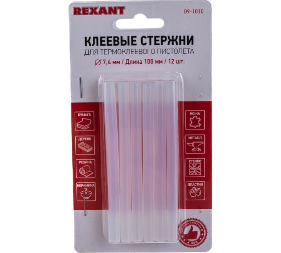 Клеевые стержни (7,4 мм, 100 мм, прозрачные, 12 шт.) Rexant 09-1010