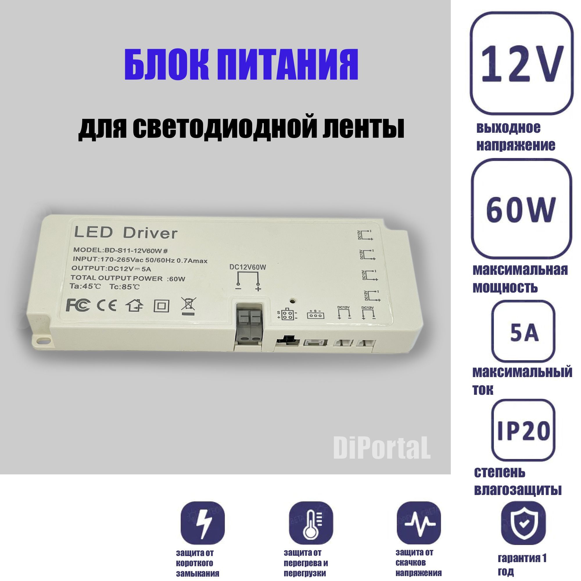 Блокпитания60Вт,постоянныйток12В,5Адлясветодиоднойлентыисветильника.Драйвермощность60W5AIP20