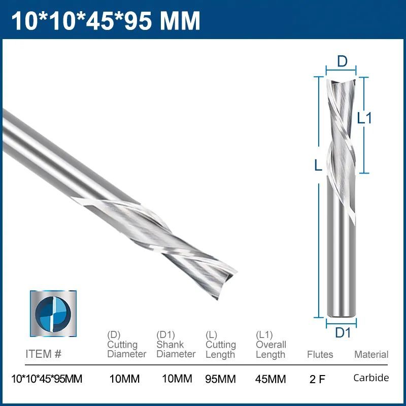 Фреза спиральная двухзаходная 10х45х95 стружка вниз