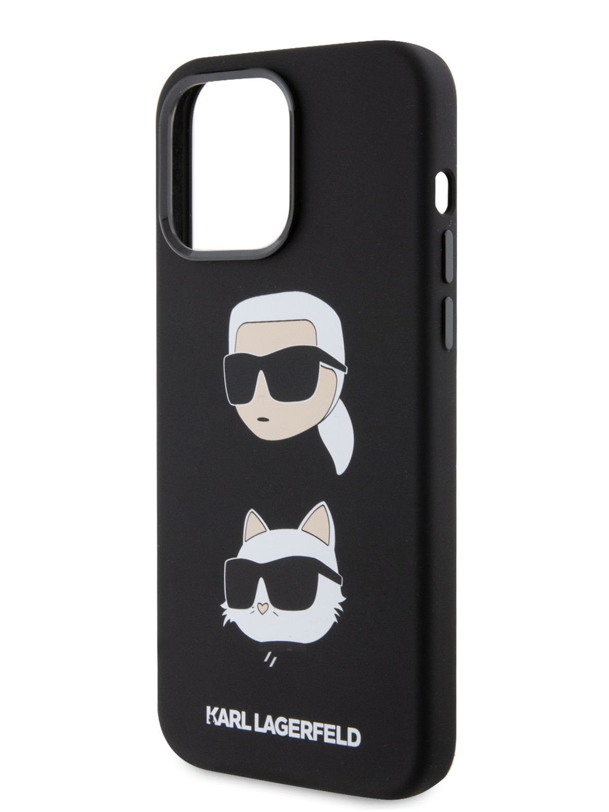 Чехол Karl Lagerfeld Liquid silicone на Apple iPhone 15 Pro Max / для Айфон  15 Про Макс, силиконовый с эффектом софт тач, с защитой камеры, с принтом  Karl & Choupette heads, черный -