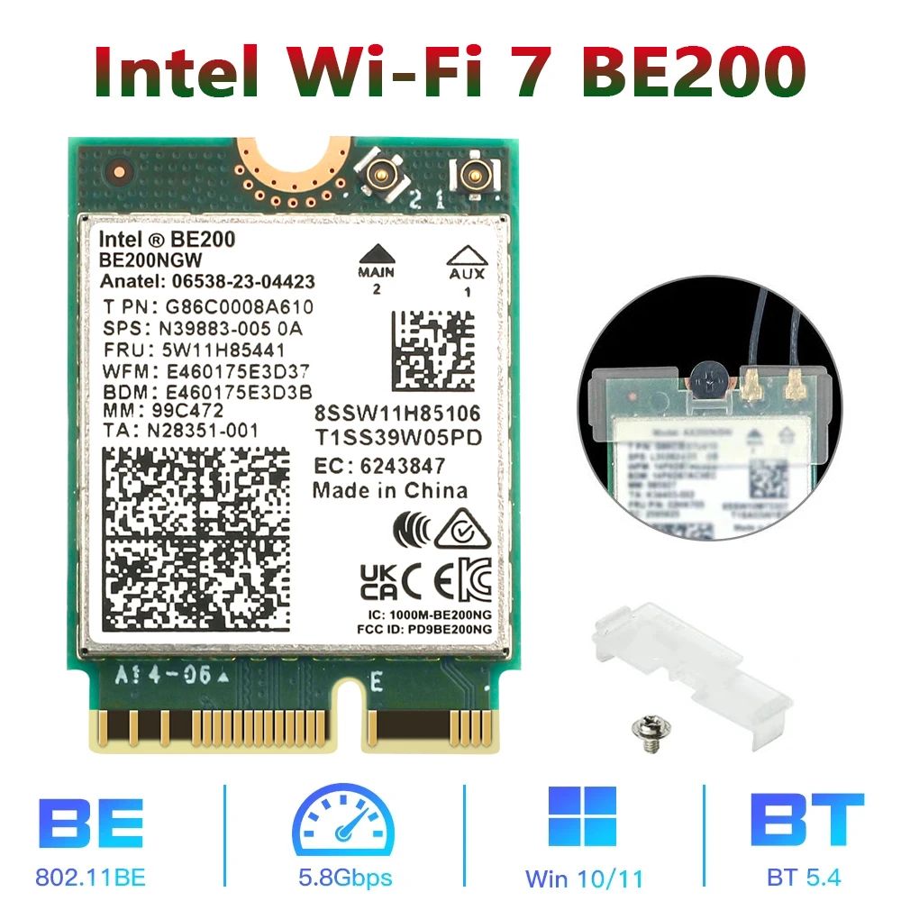 IntelСетеваякартаНовыйWi-Fi7дляноутбуковсWindows11Bluetooth5.4IntelBE200Wi-FiкартаBE200NGW2.4/5/6ГГц5.8Гбит/с