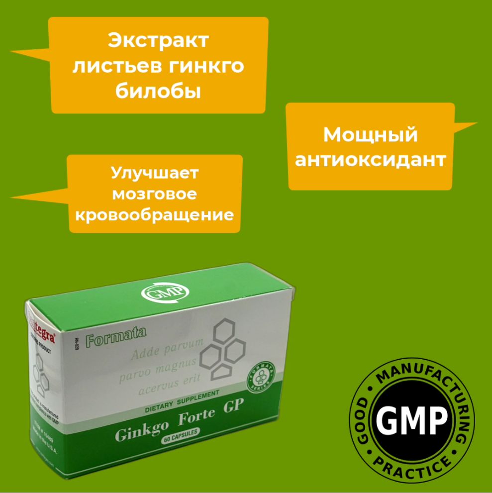 Гинкго Форте Сантегра. Ginkgo Forte GP Santegra. Экстракт Гинкго билоба для улучшения памяти, мозговой деятельности. 80 мг, 60 капсул.