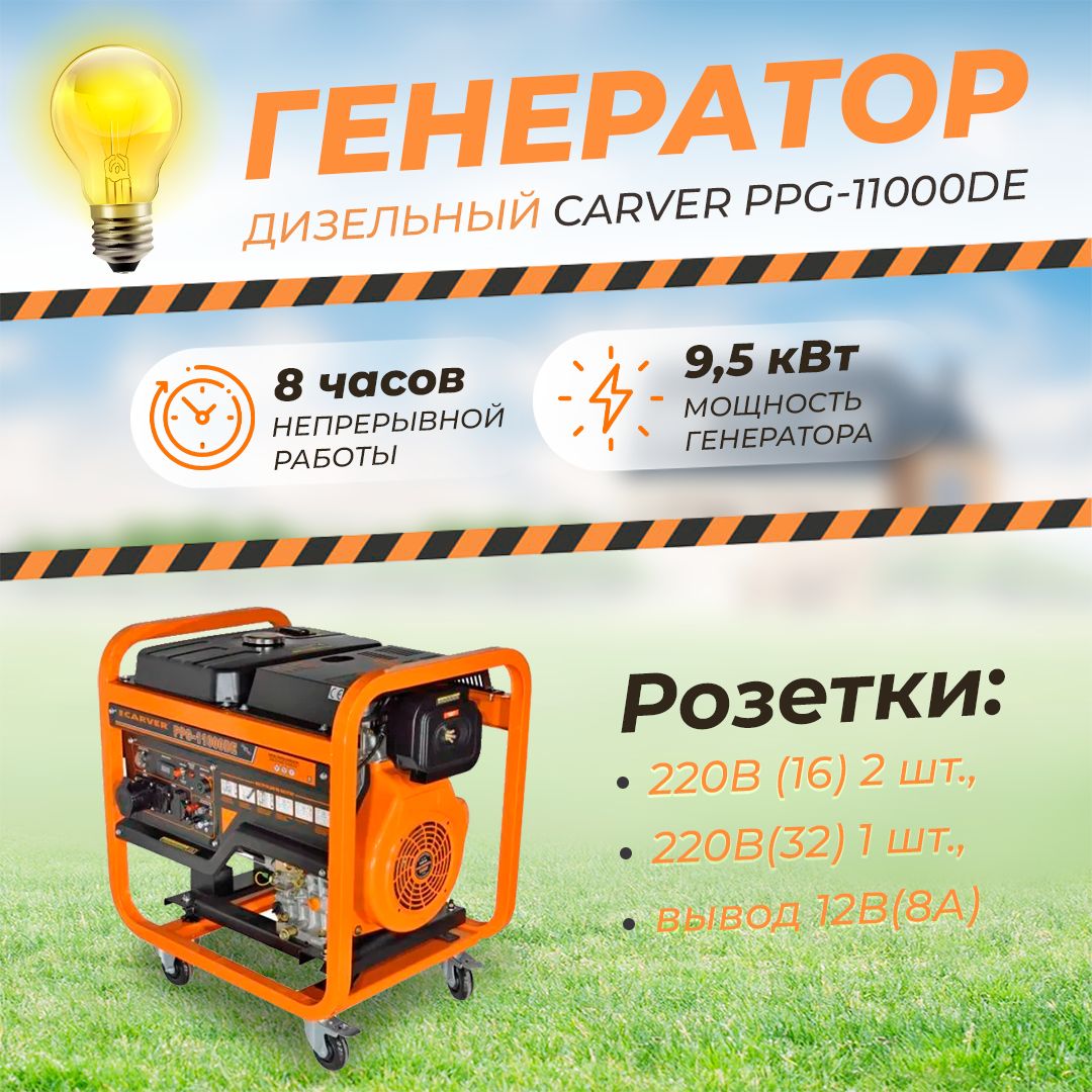 ДизельныйгенераторCARVERPPG-11000DЕ(9.5кВт,меднаяобмотка,4хтактный,электрическийстартер)автономныйгенератор,источникбесперебойногоэлектропитания