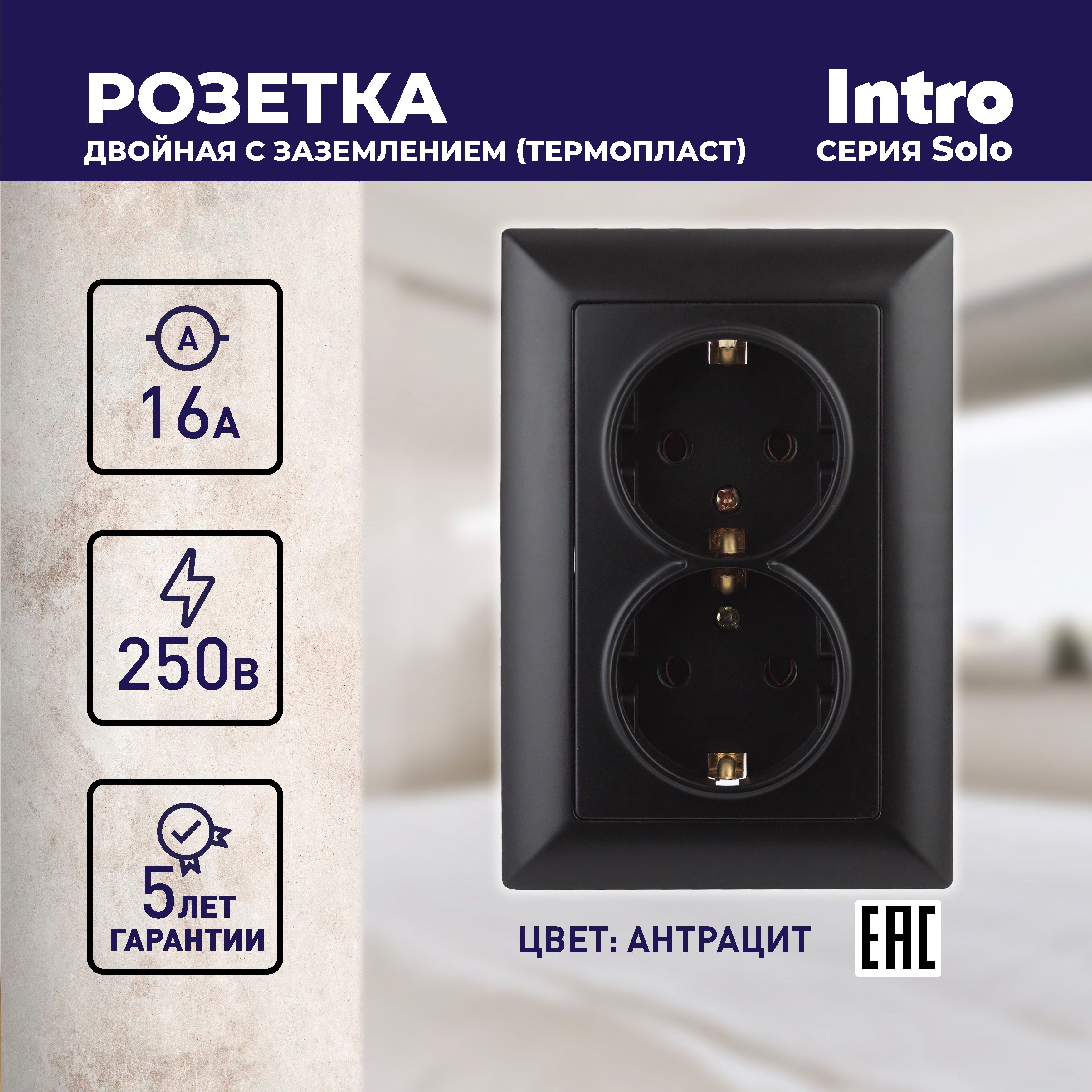 Розетка Intro Solo 4-205-05 с заземлением двойная 2X2P+E Schuko 16А-250В IP20 скрытой установки черный