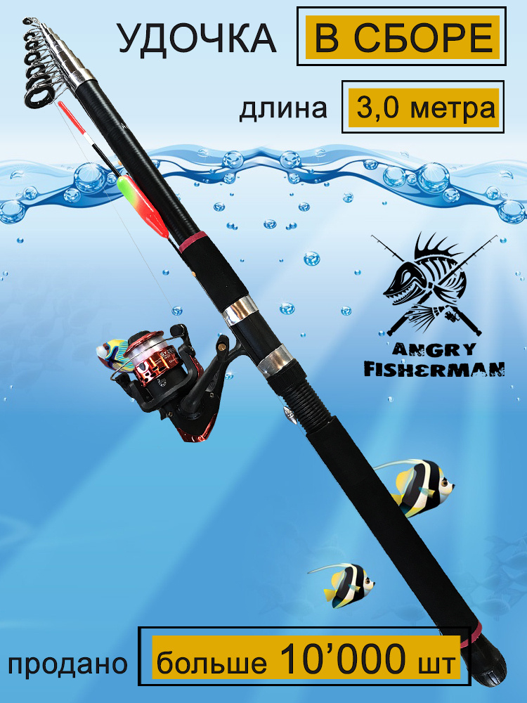 Удочка телескопическая Angry Fisherman 3 метра, с катушкой, леской и поплавком  #1