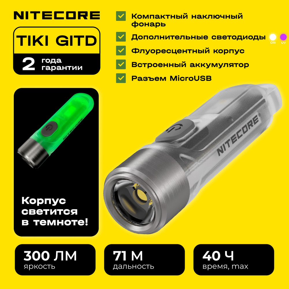 Наключный светодиодный фонарь Nitecore TIKI GITD Green со светящимся синим флуоресцентным корпусом в #1