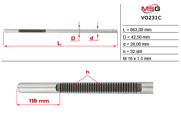 Шток рулевой рейки с гур MSG VO231C - MSG арт. VO231C - купить по ...