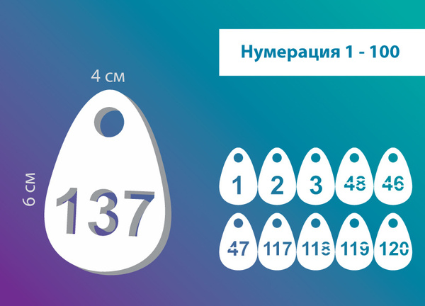 Номерки гардеробные от 1 до 100 / Форма "капля" / ушко 10 мм молочный ...
