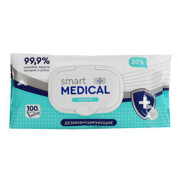 Smart Medical, салфетки влажные, дезинфицирующие, 30% спирта, с ...