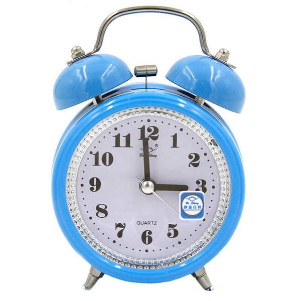 Будильник колокола. Синий будильник. Нежно голубой будильник. Ночные прикроватные часы.