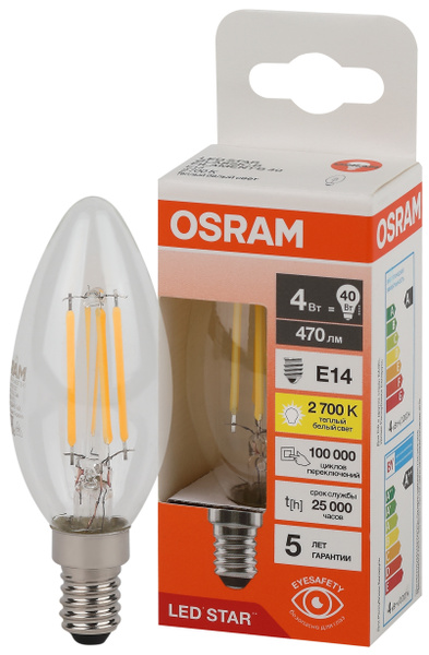 Филаментная Лампочка OSRAM E14 Свеча 470 Лм 2700 К - купить в интернет ...