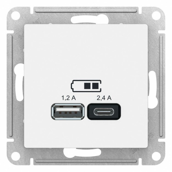 Розетка USB-A 1,2А + USB-C 1,2А, Белый, ATLAS DESIGN - купить по низкой ...