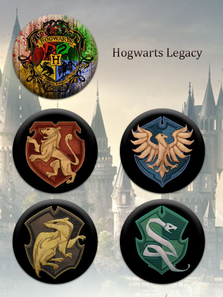 Набор значков Хогвартс 5 шт 44 мм/ Hogwarts Legacy/ Хогвартс наследие ...