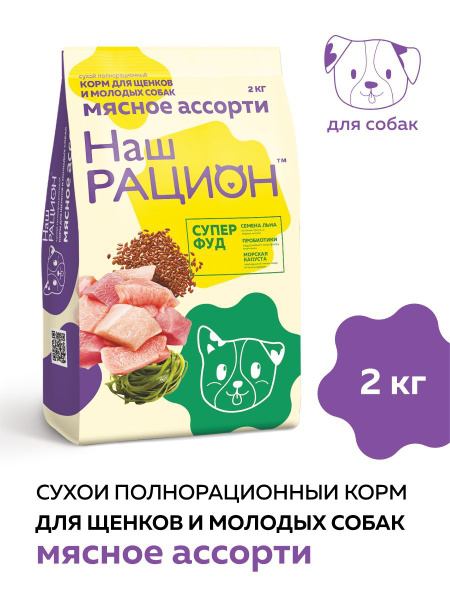 Сухой корм Наш Рацион для щенков и молодых собак Мясное ассорти 2кг ...