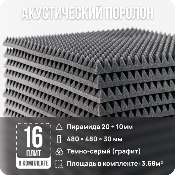 Акустический поролон Пирамида 30мм / 16 шт. по 480х480х30мм / Цвет ...