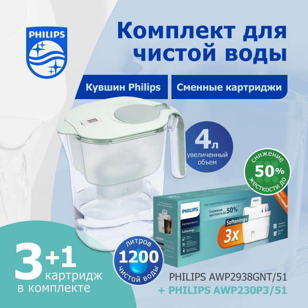 Комплект: фильтр-кувшин Philips AWP2938GNT+сменные картриджи для ...