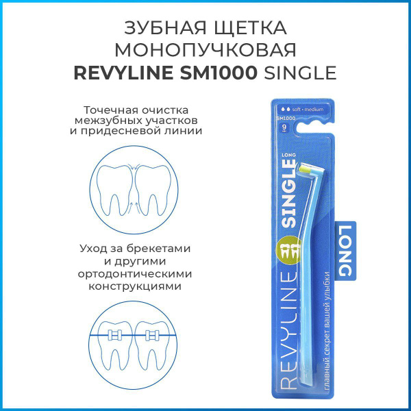 Зубная монопучковая щетка Revyline SM1000 Single Long, голубая, мягкая ...