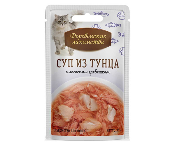 Суп для кошек из тунца с лососем и гребешком "Деревенские лакомства ...