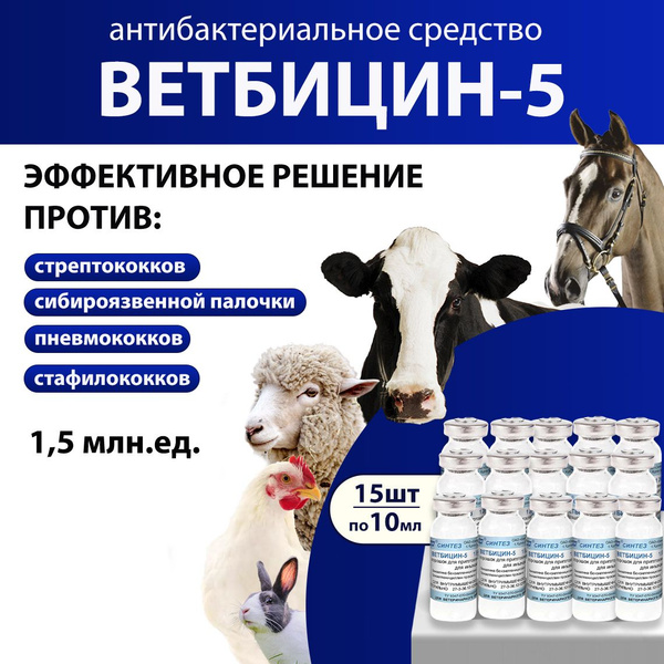 Ветбицин 5 (1,5 млн.ЕД) комплексное антибактериальное средство 10мл, 15 ...
